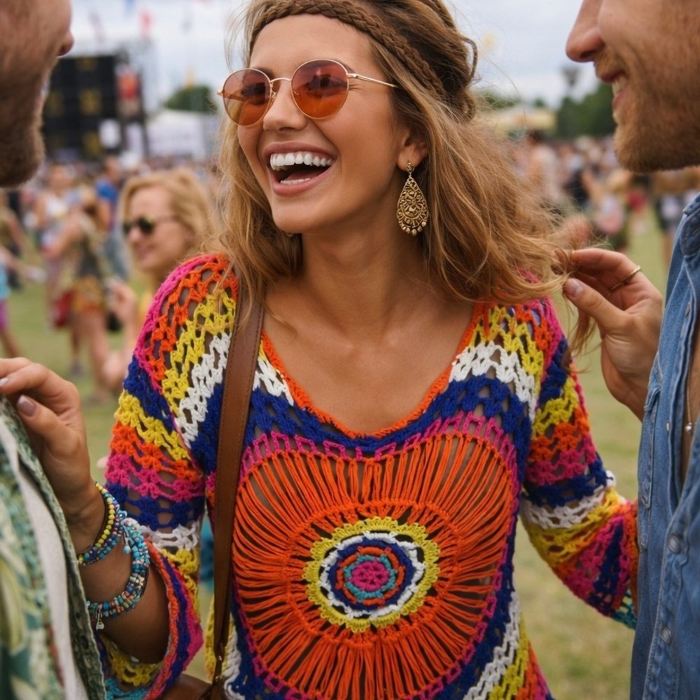 Crochet Tunic Mandala Sunburst Boho Festival Rainbow Knit Artisanal Beach Kaftan - Picture 9 of 9